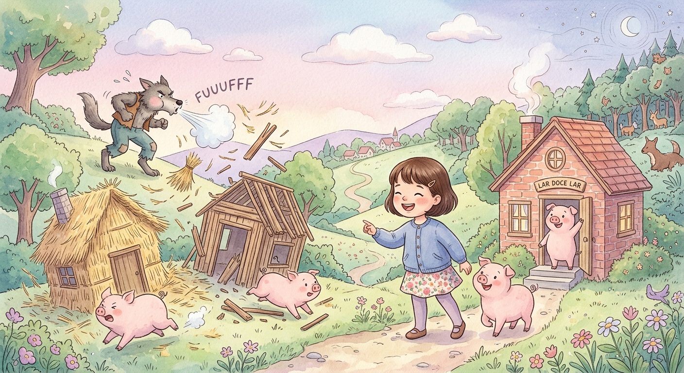 Ilustração da história A Pequena Clarice e os Três Porquinhos