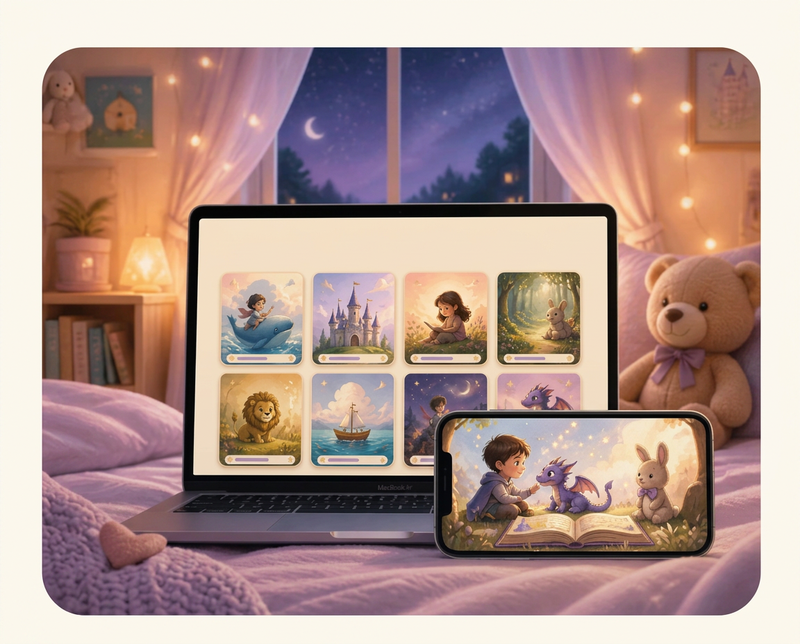 Ilustração em aquarela: mãe lendo uma história mágica para a filha na hora de dormir